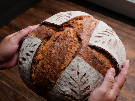 Rouge de Bordeaux Sourdough Miche held in hands for bread shipping nationwide.